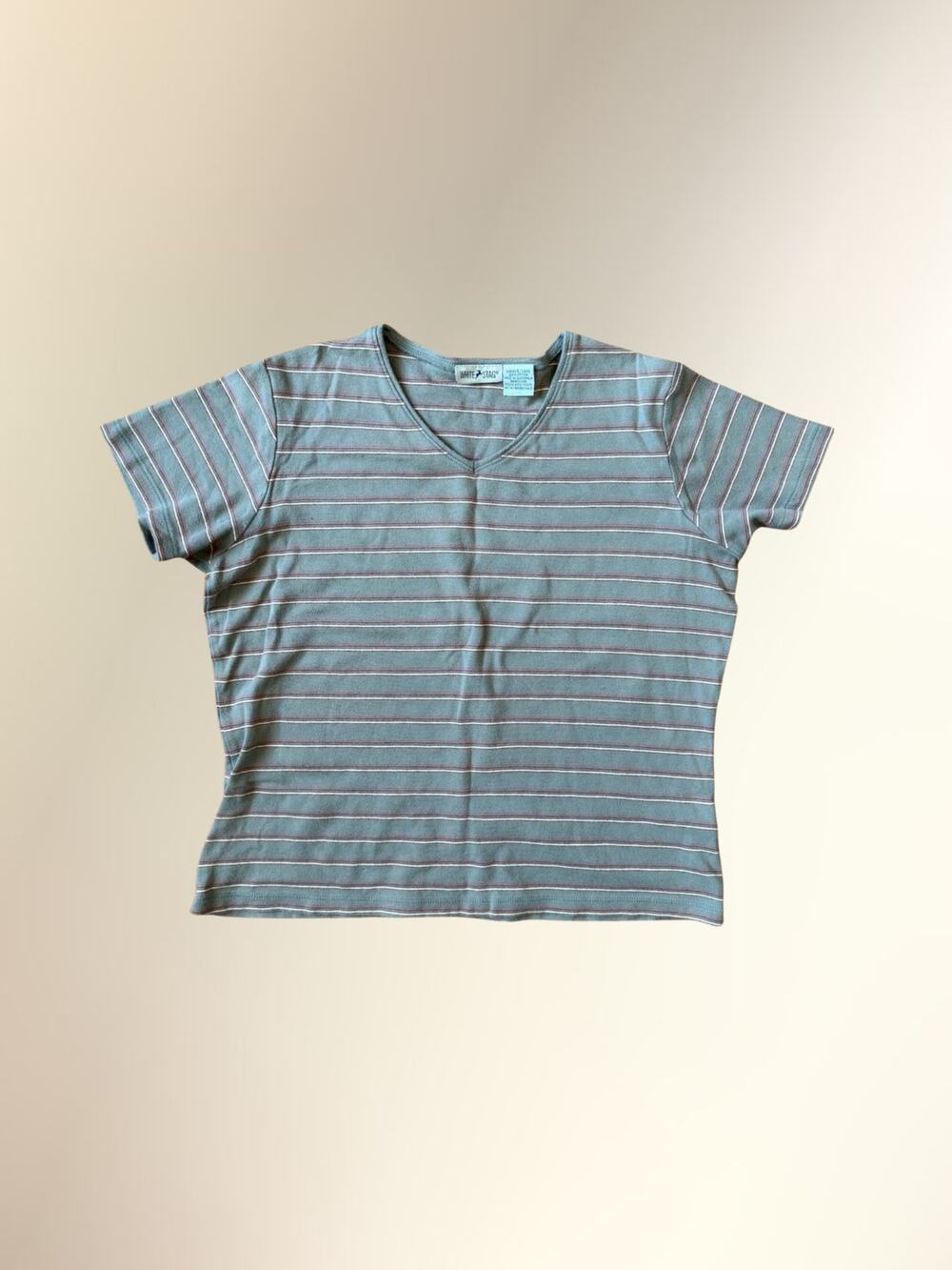 Vintage White Stag Sage Green Pink Striped V Neck Short Sleeve Tee Women's L